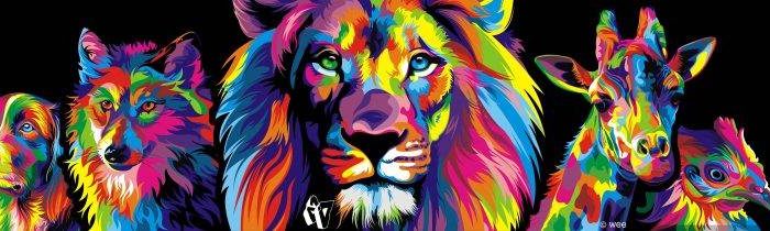 250325-multiple_display-animals-lion-wolf-dog-giraffes-chickens-colorful-748x210